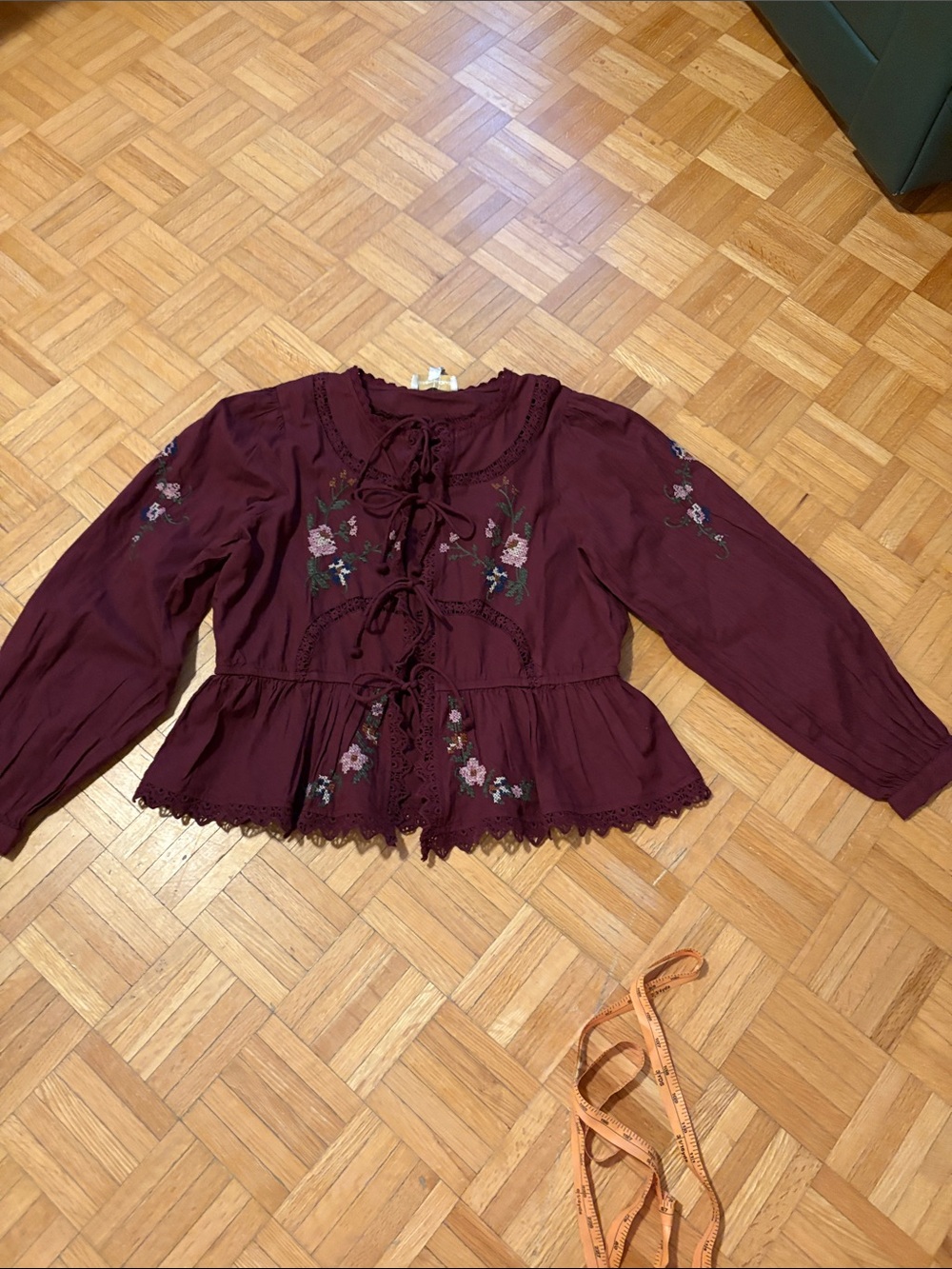 Jennifer & Grace Embroidered Lace-Up Peplum Blouse - Burgundy